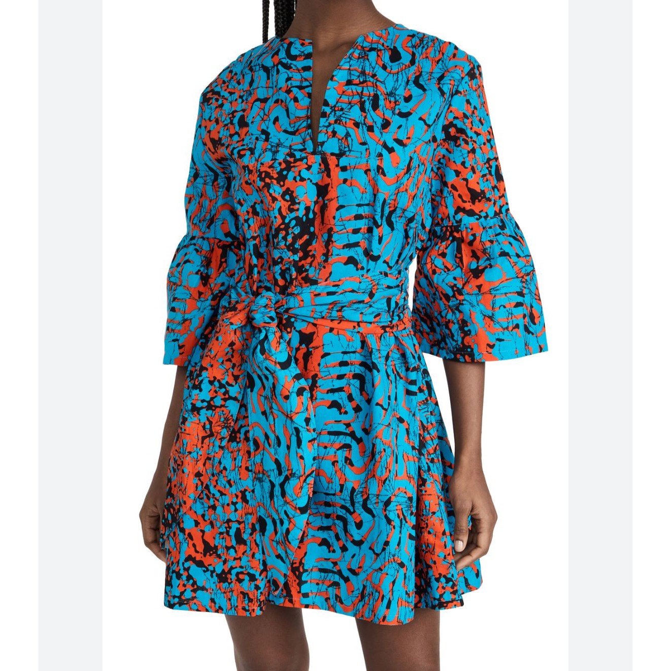 The Oula Company Tie Front Split Neck Dress Blue Orange Print Bell Sleeves S Euc